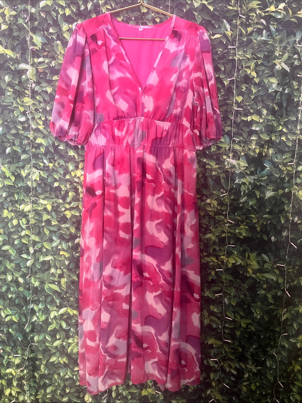 Pink Printed V-Neck Maxi Dress